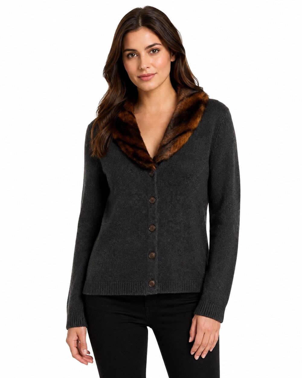Lauren Ralph Lauren Petite M Merino Wool Cashmere Faux Fur Collar Cardigan